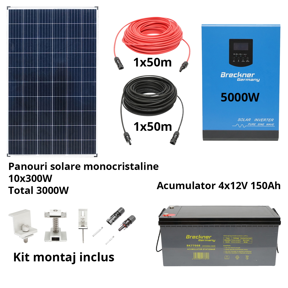 Sistem solar fotovoltaic cu invertor 5KW 220V ON-Grid Hibrid 48V, 105A MPPT Breckner Germay - imagine 2